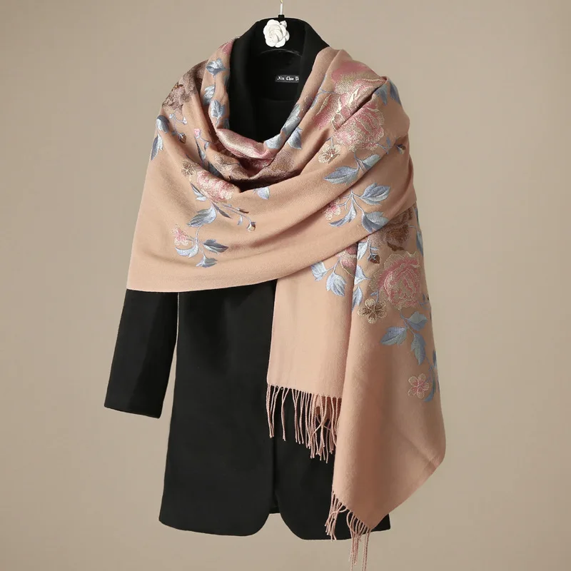 Вышивка пион шерсть шарф Обертывания женские зимние одеяло шарфы шаль Пашмина высокого качества 240 г 190x60 см - Цвет: Khaki