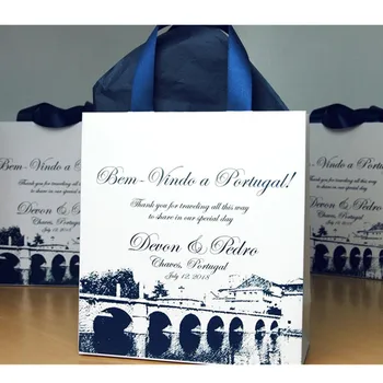 

Personalized Destination Wedding Welcome Bags with Navy Blue satin ribbon custom text & names, Elegant wedding for guests