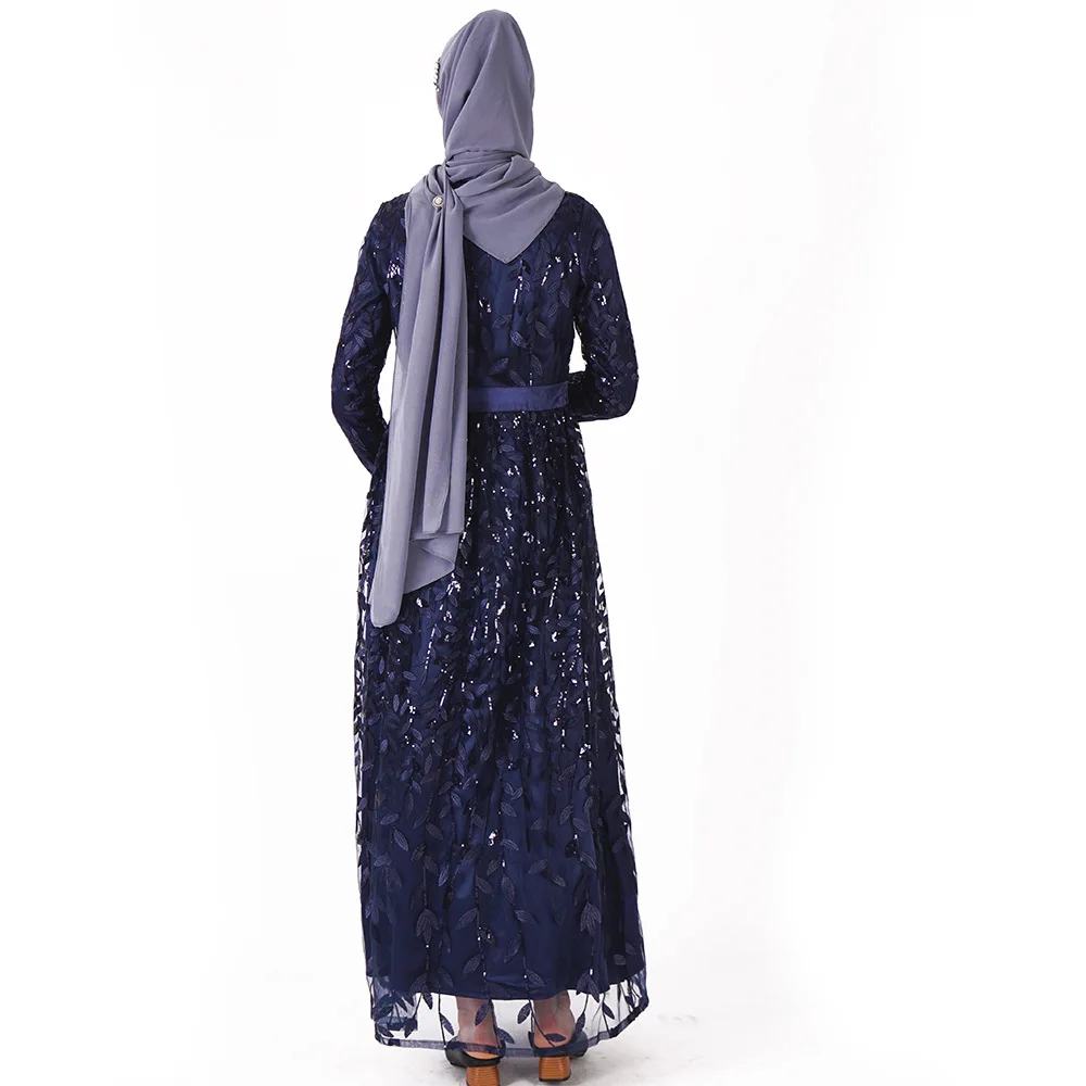 Мусульманское Новое Женское платье с длинными рукавами платье Модный чехол для телефона листья блесток дамы длиной до щиколотки юбки