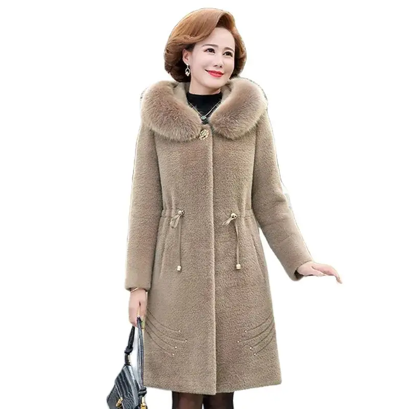 

Middle Aged Women's Winter Jacket Long Imitation Mink Velvet Cashmere Coat High Quality Thicked Warm Golden Mink Woolen Coat