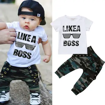 

Baby Boy Clothes Hip Hop Short Sleeve Summer Toddler Baby Glasses Top T-shirt Camouflage Pants Set 2 PCS