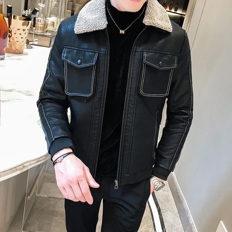 Korean Mens Coats Leather Bomer Jackets Short New Winter Mens Jackets Leather Turn Down Collar Mens Leather Clothing Black