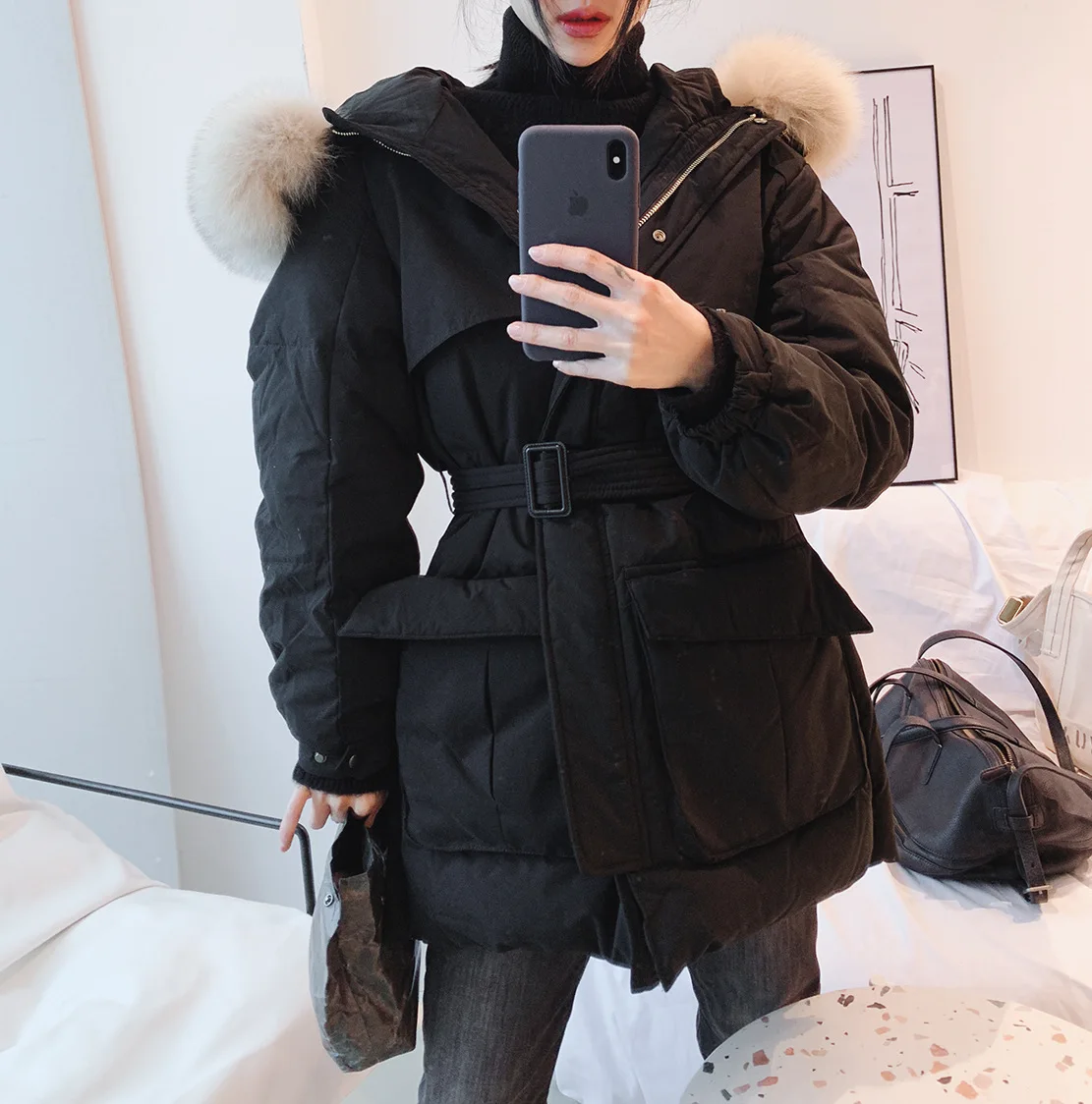 Winter South Korea Dongdaemun New Style WOMEN'S down Jacket Large Raccoon Fur Collar Thick Loose-Fit Waist Hugging Coat Fas