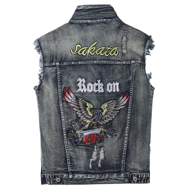 Gilet De Motard En Denim Pour Hommes Veste De Motard Patch D Aigle Brode Punk Rock Gilet A La Mode Trou En Jean Vestes Sans Manches Manteau Pour Hommes Aliexpress