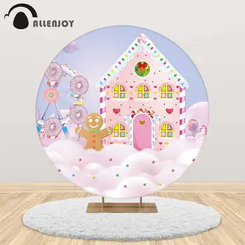 

Allenjoy candyland round backdrop birthday party child photography backgrounds Donut Biscuit Ice Cream cloud circle table cover
