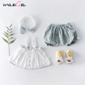 

2PCS WLG toddler girl clothes baby white strap dress and green short set new born girl casual cotton clothes 6-18 months