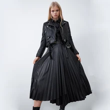 Темперамент ZA юбка Леди Осень Зима Женская однотонная Мода черный PU шикарный Повседневный стиль Highstreet кожаная плиссированная юбка Femal