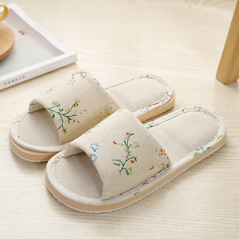 Autumn Winter Women's Home Slippers Couple Linen Floor Shoes Leisure Spring Soft Non-Slip Foam Bottom Flip Flops Rose 4