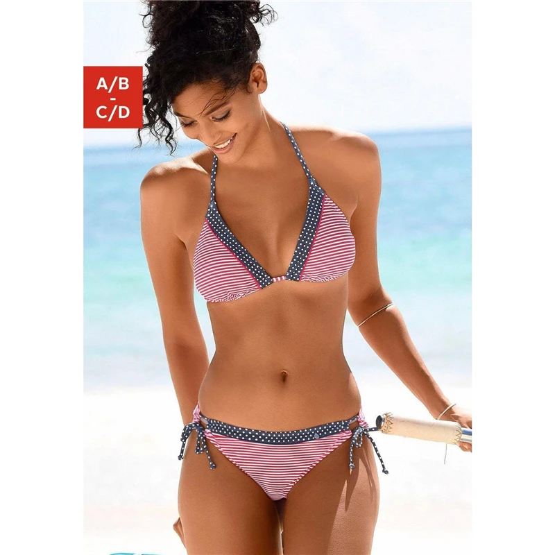 Бикини, Женский Бразильский бикини, набор, принт, открытая спина, купальник, треугольный низ, купальный костюм, глубокий v-образный вырез, пляжная одежда, сексуальный купальник для женщин - Цвет: 19192 Pink Stripe