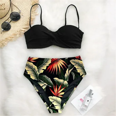 bathing suits Sexy Leaf Print Bikini 2021 Female Swimsuit Women Swimwear Thong Push Up Bikinis Set High Waist Swimming Suits for Bathing Suit red bikini set