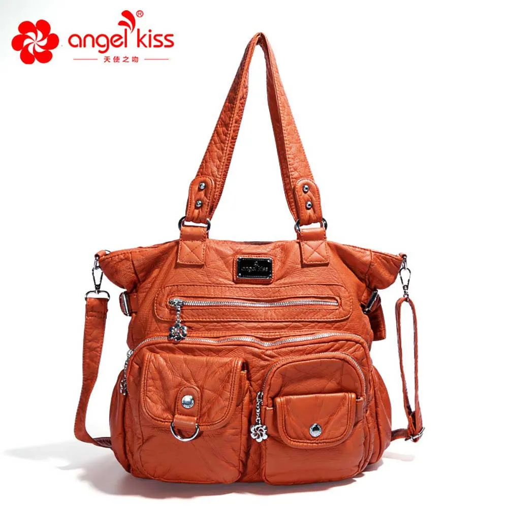 

Hot Selling Large Capacity Double Zipper Multi Pocket Shoulder Bags Washed PU Leather Purse Tote Bags Women Handbags for Ladies