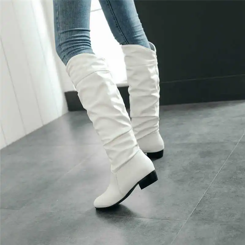 

Smirnova Plus size 34-48 New women boots square low heel classic pleated knee high boots female shoes soft pu motorcycle boots