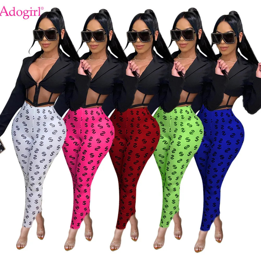 

Adogirl 2020 Women Dollar Sign Print Pencil Pants Casual Medium Waist Cotton Blend Trousers Fashion Autumn Sportswear Leggings
