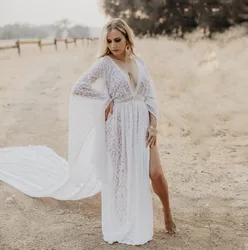 Sexy Sumemr Beach Lace V-neck Bride Wedding Dress 2021 Boho Bridal Gowns Open Back Lantern Sleeves Train Robe De Mariage