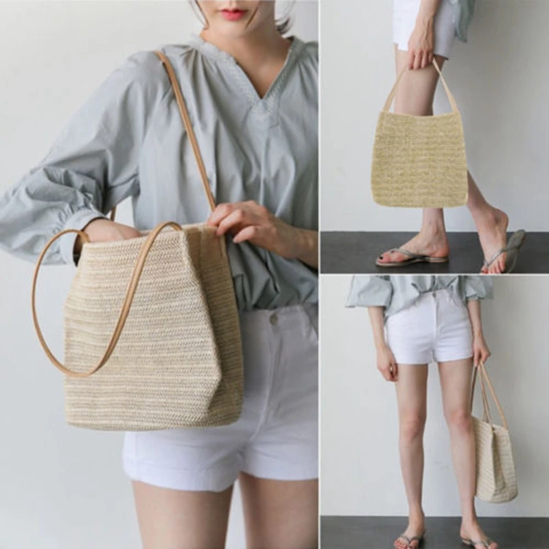 Модная женская Соломенная большая сумка-тоут, пляжная сумка, сумка на плечо, ретро сумка, плетеная Сумка из ротанга, винтажная вязаная сумка-мессенджер