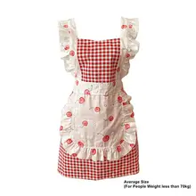 

Korean Fashion Plaid Lace Working Apron Women's Kitchen Lovely Cherry Pattern Pure Cotton Red Cooking Bib Average Larger Size