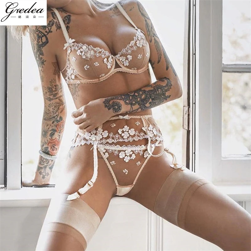 

New Women's Applique Sexy Underwear Set Mesh See-Through Underwire Gather Bra Set Garter Belt Thong Floral Erotic Sexy Lingerie