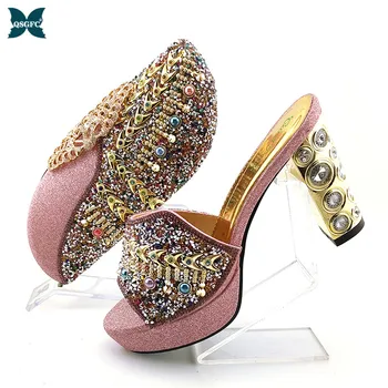 

2020 Newest Pink Color Shinning PU material Ladies Shoes and Bag Set Decorated with Metal Fish Bone for Party