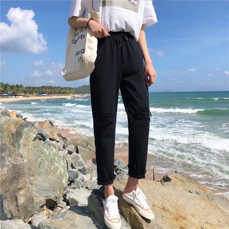 

Photo Shoot 2019 Spring New Style WOMEN'S Dress High-waisted Bandage Cloth with Holes Jeans Women's Loose-Fit Capri Pants