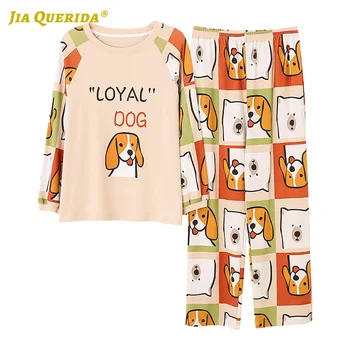 

Cotton Woman Spring Autumn Crew Neck Cartoon Printing Long Sleeve Long Pants Sleepwear Fashion Style Casual Style Pajamas Set