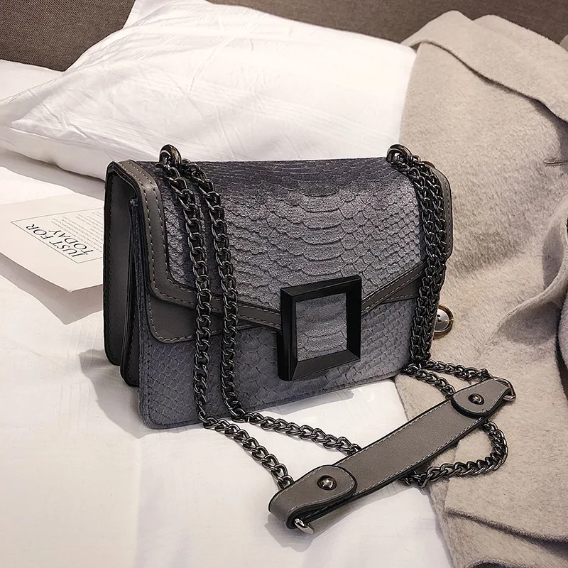Gray Fashion Snakeskin Velvet Shoulder Messenger Crossbody Bags Women Handbag Vintage Ladies Clutch Casual Totes Female Purse - Цвет: Gray
