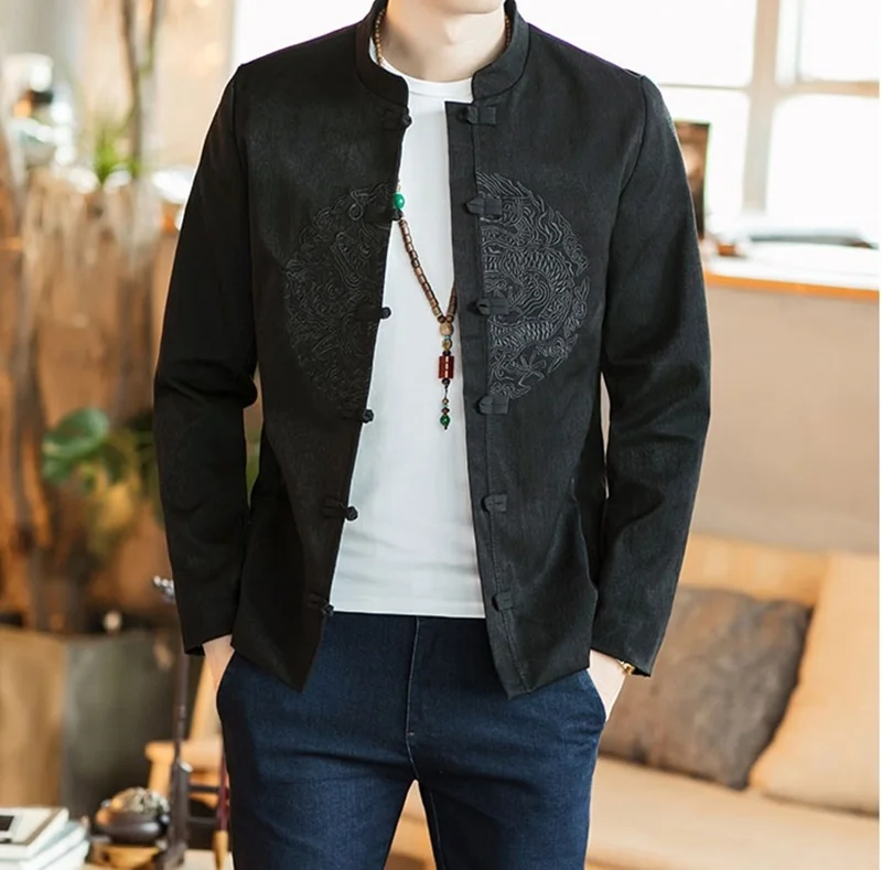 Dragon Bomber Jacket Male Traditional Chinese Coat Jacket Clothing For Men Mandarin Collar Oriental Jackets KK3149