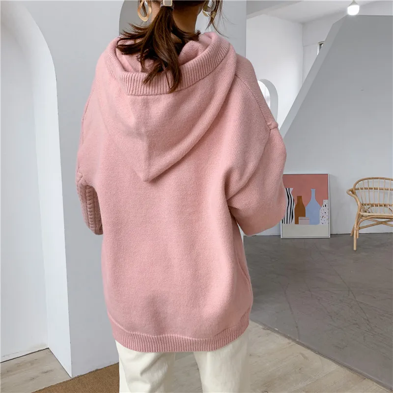 LANMREM women hooded twist knitted woolen pullover