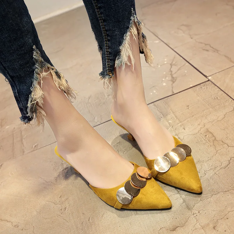 Fashion Leisure Slippers Flock Solid Closed Toe Slides Bling Summer Med Thin Heels Shoes