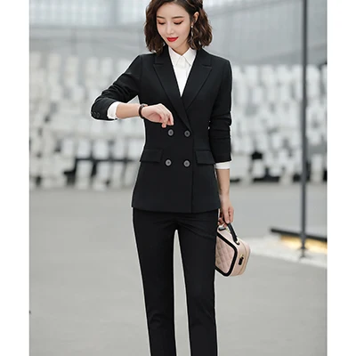 Black Pant Suits Новые модные женские черные брюки костюмы OL профессиональный бизнес работа с длинным рукавом двубортный Блейзер и брюки - Цвет: Black Pant Suits