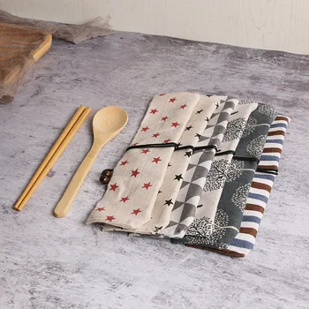 

60sets Japanese Style Portable Travel Tableware Bamboo Chopsticks Spoon Set with Storage Cloth Bag Free Shipping WB1207