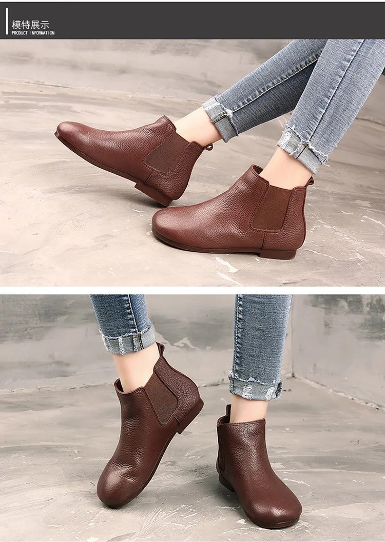 2021 new Leather ankle boots, flat shoes, vintage boots, round head, cowhide shoes, single boots PIAN
