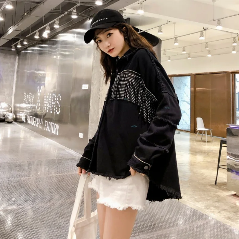 Black Loose Denim Jacket Women Vintage Stylish Fringe Beaded Button Jeans Jacket Women 2020 Turndown Collar Chic Chaqueta Mujer