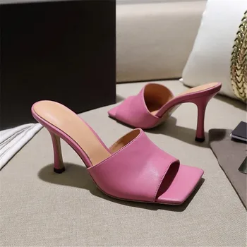 

Leather Fashionable Women's Genuine Slippers Sandals Solid Simple Designed Multicolored Jelly Colors Mature Ladies High Heels
