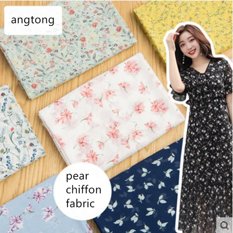 

1 meter pearl chiffon round dot fresh little flower print fabric for summer dress skirt scarf T364