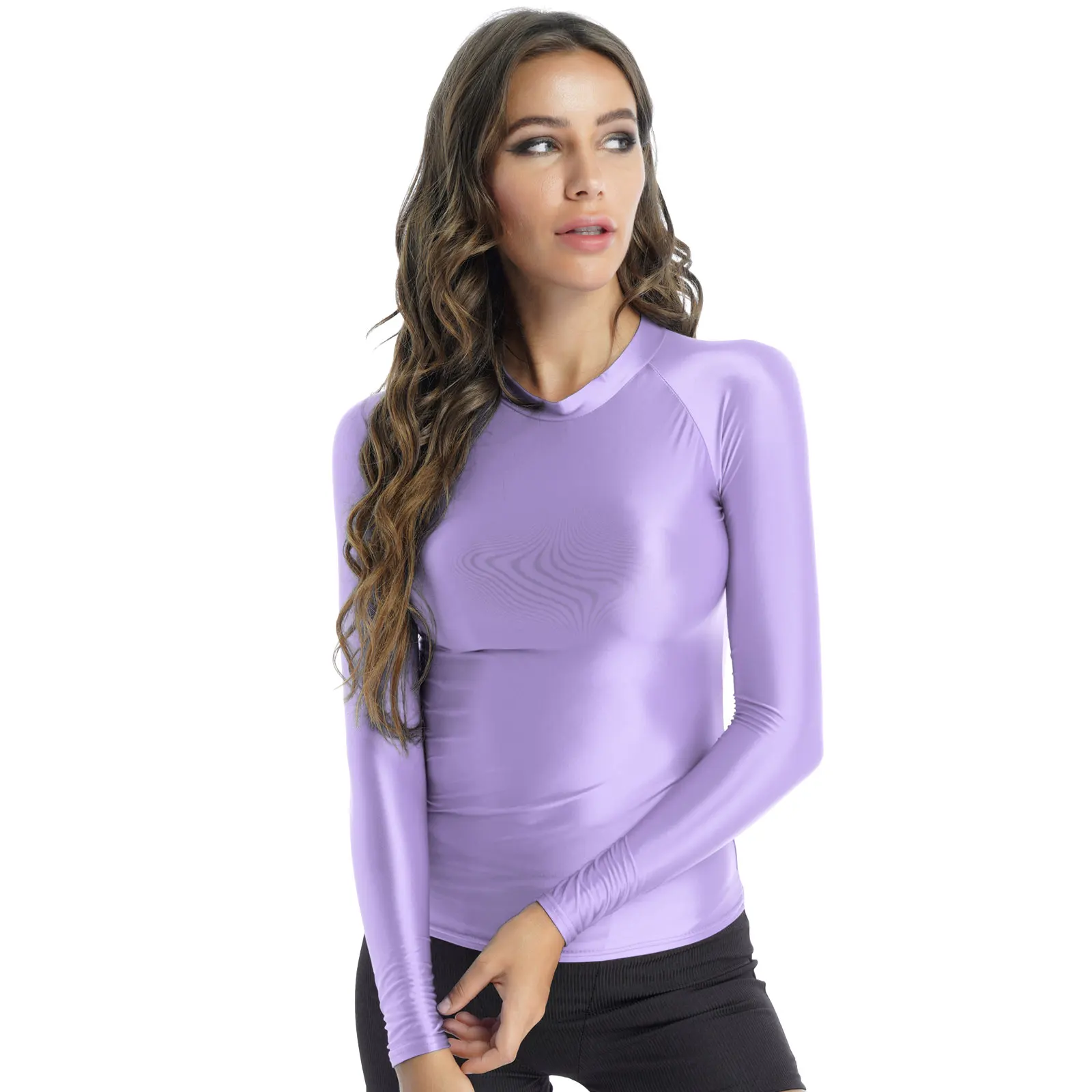 Women Metallic T-shirts Sportwear Shiny Long Sleeve Tights Slim Tee Glossy Tops for Rave Party Dance Wear Yoga Runing TShirts 5