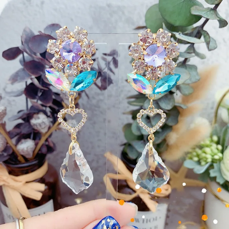 

MENGJIQIAO Korean Colorful Flower Crystal Asymmetric Dangle Earrings For Women Girls Fashion Heart Temperament Party Jewelry
