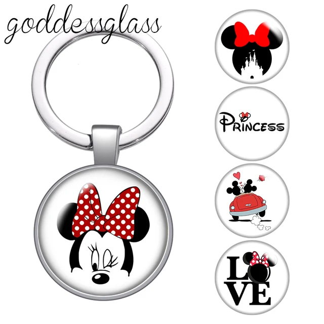 디즈니 사랑 미니 마우스 커플 공주 귀여운 유리 카보숑 키체인 가방, 자동차 키체인 링 홀더, 매력 키체인 선물