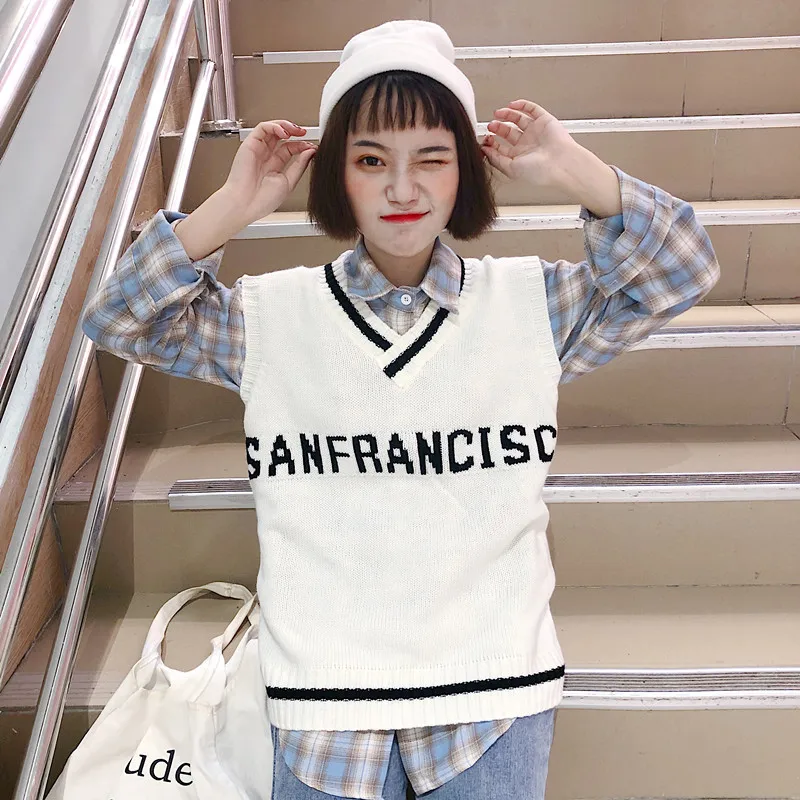 Жилеты женские с v-образным вырезом в полоску Kawaii Harajuku корейский стиль трикотажные студенческие простые универсальные повседневные женские пуловеры шикарные Горячие