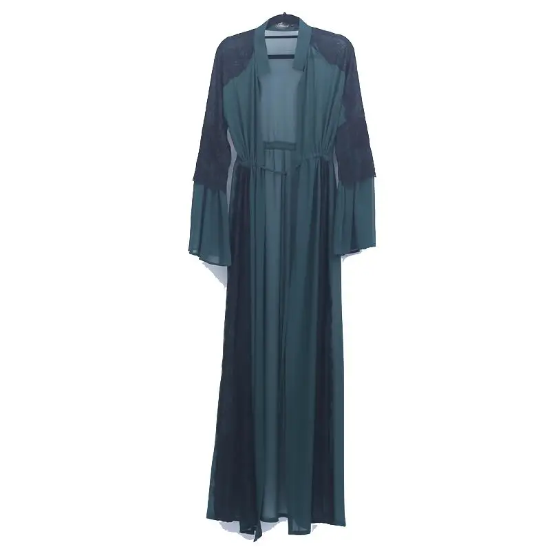 Dark green cardigan Большие размеры длинное кимоно Mujer блузки Женщина кружева Абая, для мусульман вышивка кардиган из шифона, блузка женская одежда - Цвет: Dark green cardigan