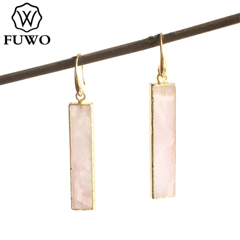 FUWO Wholesale Natural Rose Quartzs Drop Earrings,Golden Plated Rectangle Pink Crystal Jewelry For Women Gift 5Pairs/Lot ER226