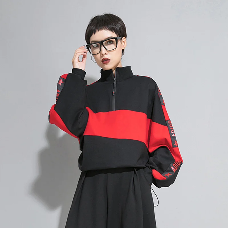 Black White color Осенняя корейская модная футболка контрастного цвета женская одежда с надписью «летучая мышь», длинный рукав, стоячий воротник, молния, свободные повседневные топы - Цвет: Black White color