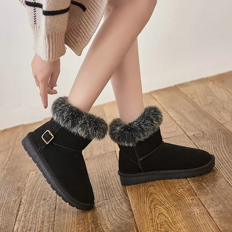 Ankle Genuine Leather Snow Boots Cow Suede Warm Fur Boots Women's Bucket Shoes Cowhide Flat Cotton Shoes