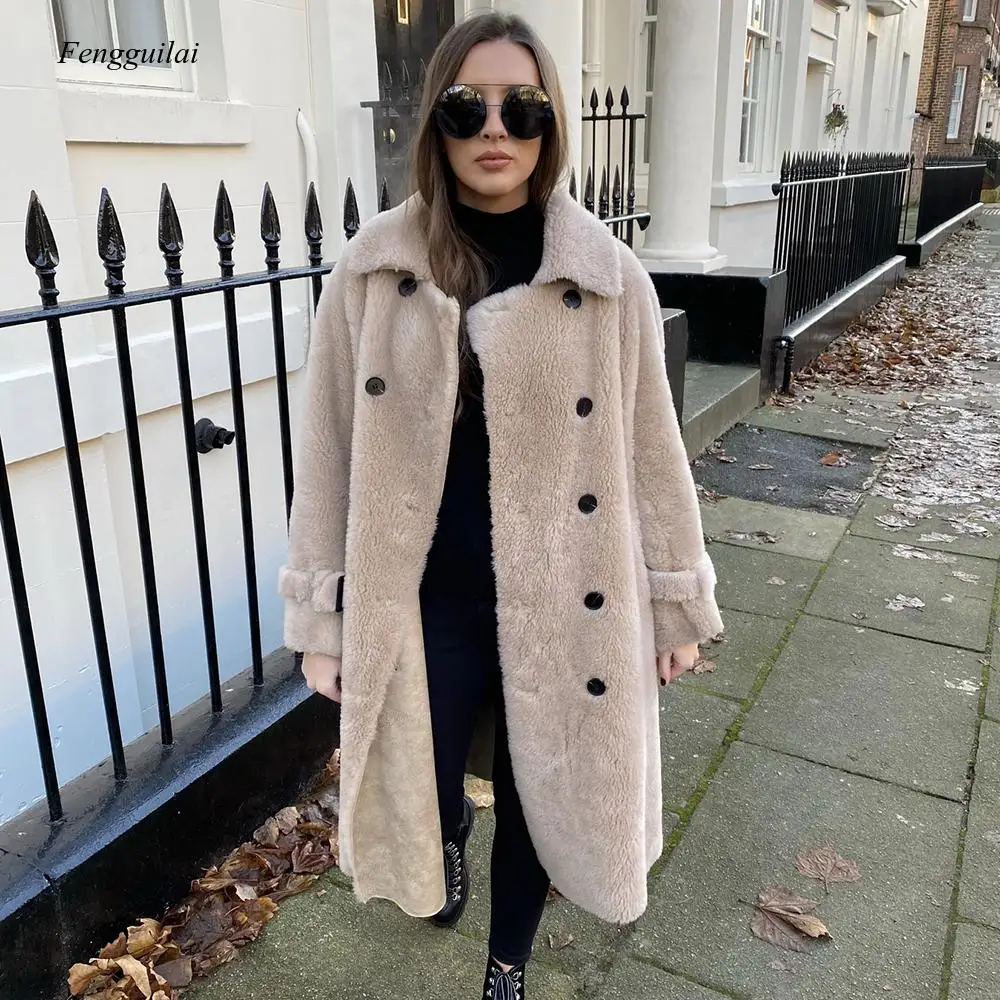 Fur Coat Women Winter Coat with Belt Lapel Collar 2021 New Leather Coat Woolen Jacket Outwear