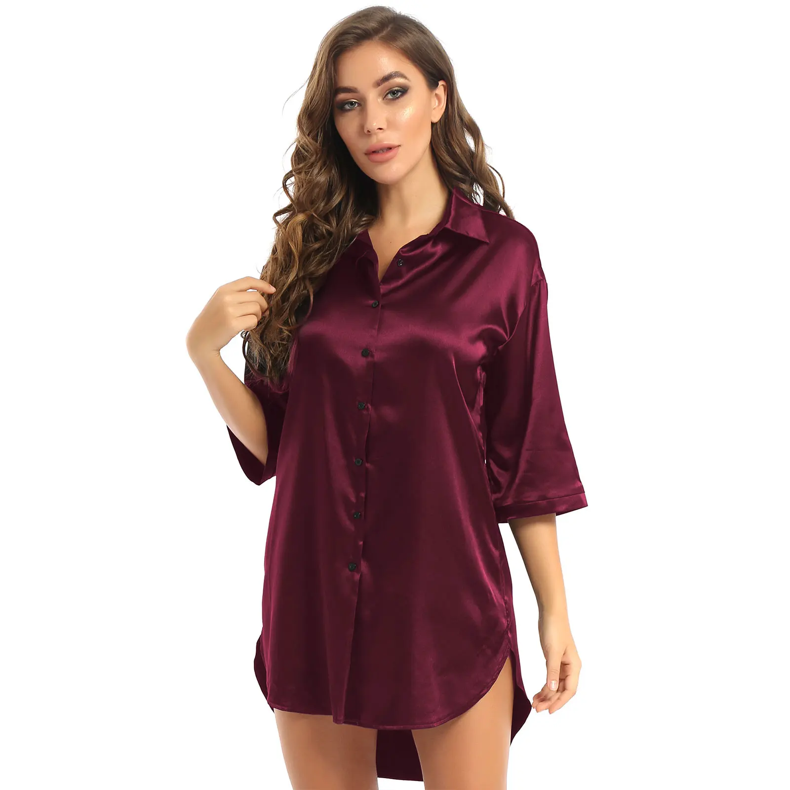 New Women Satin Shirts Nightshirt 3/4 Sleeve Turn-Down Collar Button Nightgown Solid Color Nightdress Sleepwear Casual Home Wear