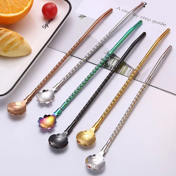 

New Long Twisted Rose Floral Straw Spoon Portable Gold Tea Scoop Reusable Stainless Steel Straws Cocktail Coffee Stirring Spoon