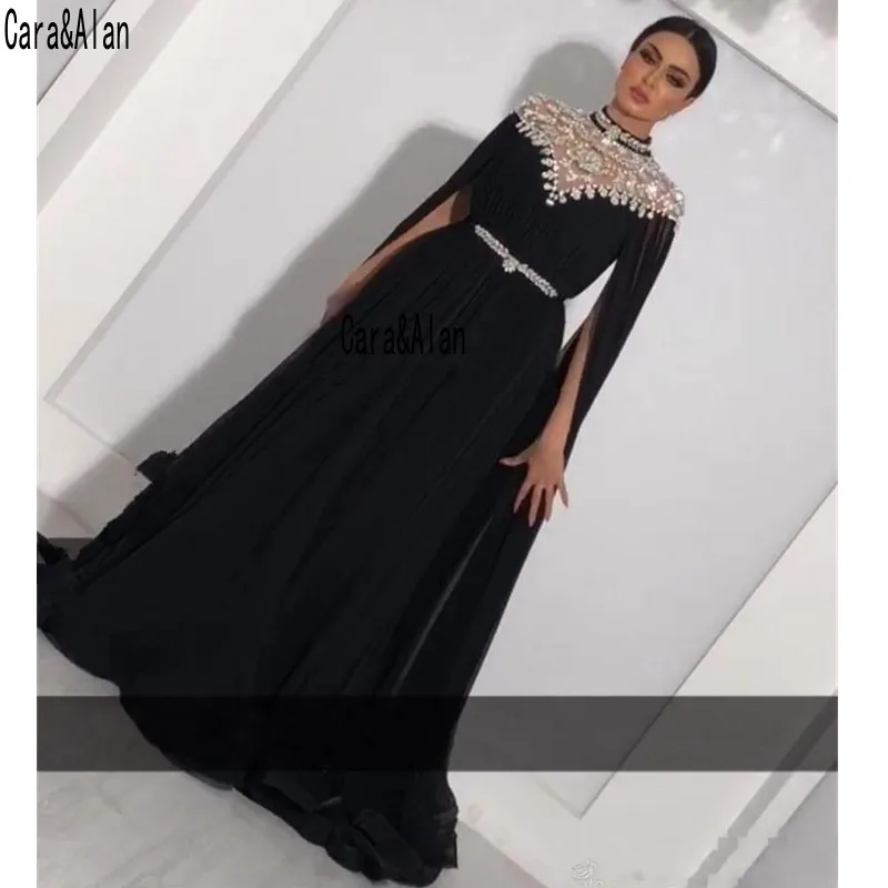 

Arabic Crystals Kaftan Black Evening Dresses Caped Sleeves Yousef Aljasmi High Neck Black Chiffon Formal Prom Gowns