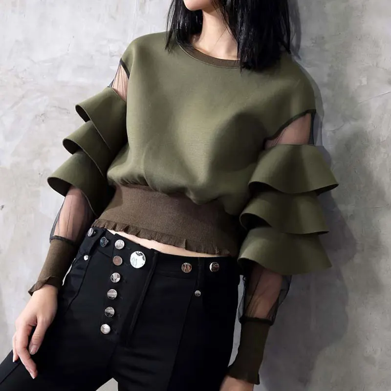 

Women's top short round neck sweater stitching mesh flounced thread cuffs fashion style Pullover high waist women's autumn