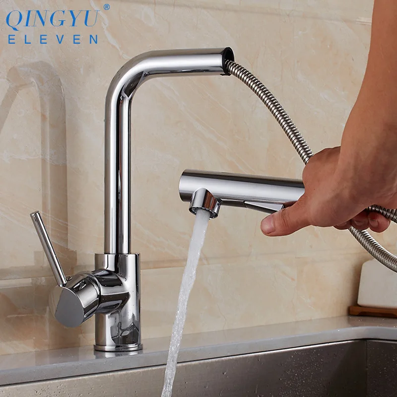 QINGYU ELEVEN, кухонные выдвижные краны, черный хром, поворотный, Romovable, кухонный кран для раковины, водосберегающий смеситель для кухонной раковины