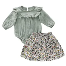 Одежда для маленьких девочек; коллекция года; комбинезон с длинными рукавами и рюшами для новорожденных и маленьких девочек+ комплект юбки; roupa infantil menino