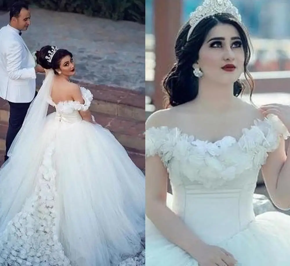 

2020 Dubai Arabic Off The Shoulder Wedding Dresses With 3D Flora Appliques Sweep Train A Line Bridal Gown Custom Made vestidos